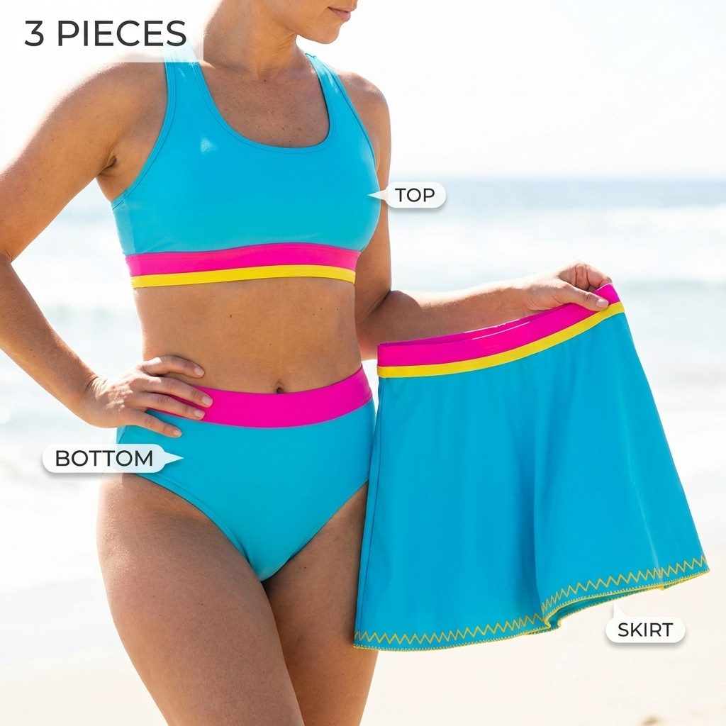 VelaAura™ – Bold Colorblock 3-Piece Sport Bikini & Swim Skirt Set