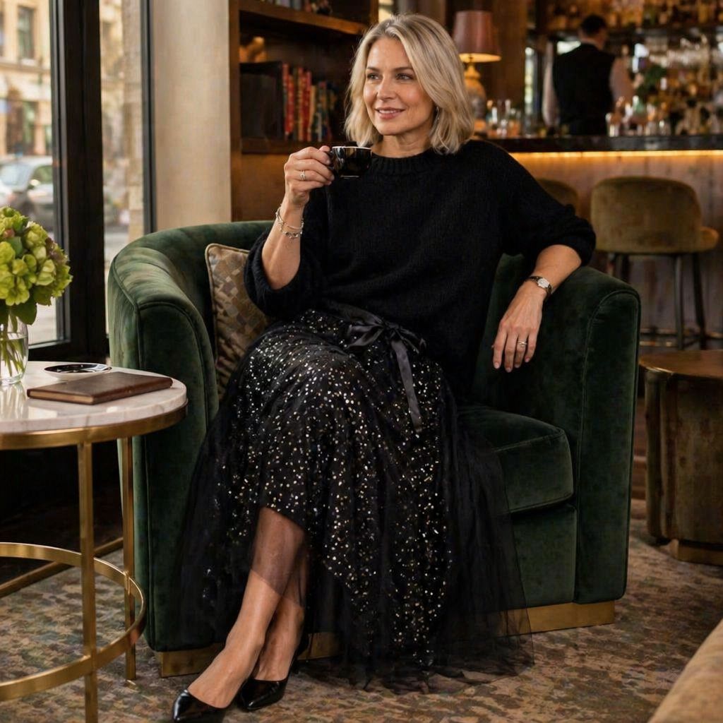 Soraya™ – Festive Sequin Tulle Midi Skirt & Cozy Knit Sweater Set