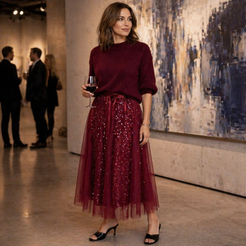 Soraya™ – Festive Sequin Tulle Midi Skirt & Cozy Knit Sweater Set