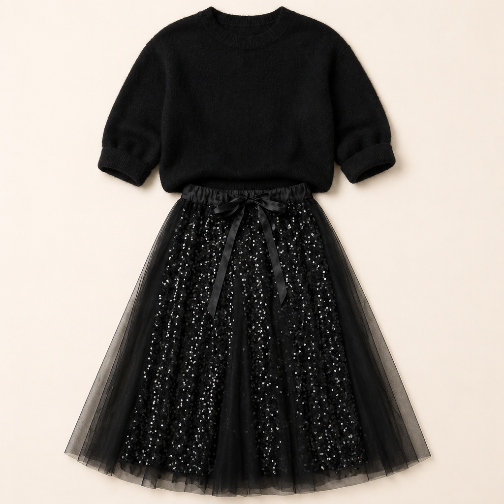 Soraya™ – Festive Sequin Tulle Midi Skirt & Cozy Knit Sweater Set