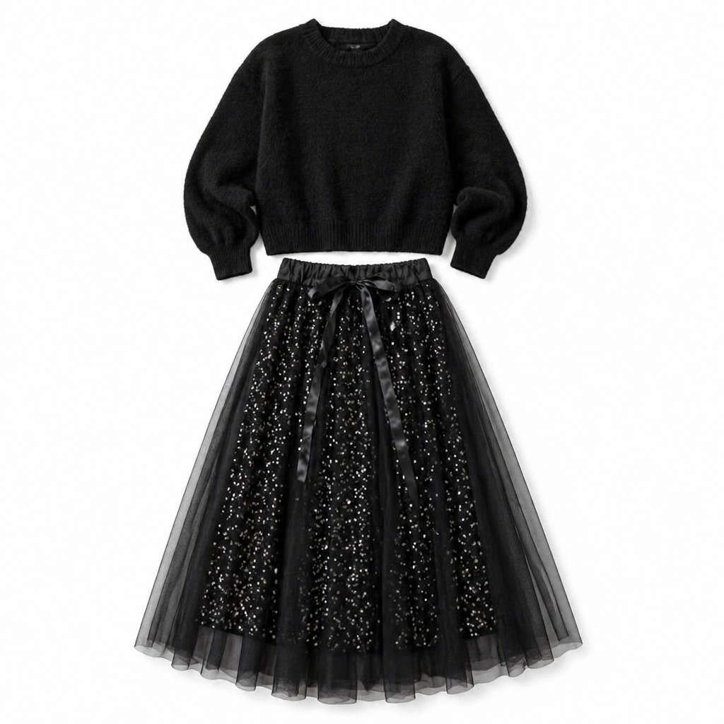 Soraya™ – Festive Sequin Tulle Midi Skirt & Cozy Knit Sweater Set