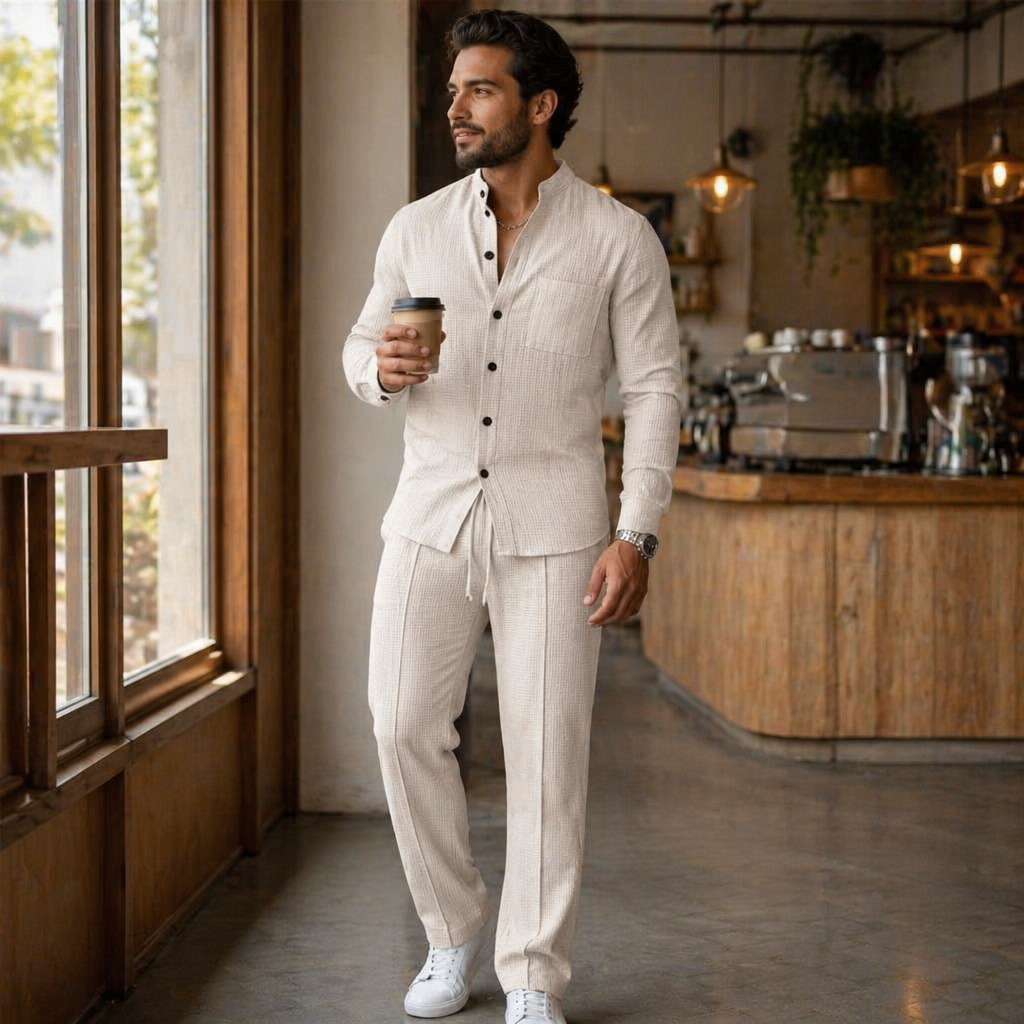 AnyWear™ – Relaxed Waffle-Knit Shirt & Pants Set with Mandarin Collar