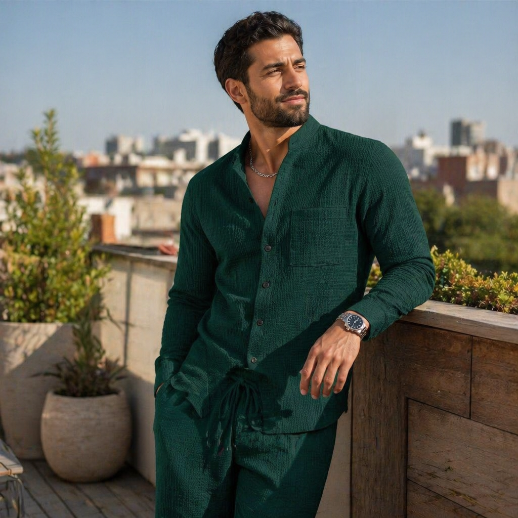 AnyWear™ – Relaxed Waffle-Knit Shirt & Pants Set with Mandarin Collar