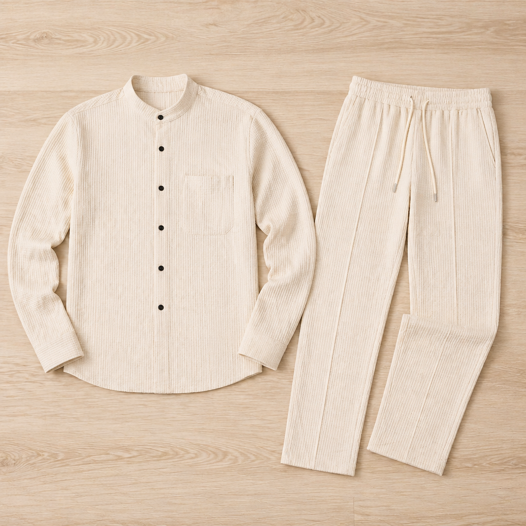AnyWear™ – Relaxed Waffle-Knit Shirt & Pants Set with Mandarin Collar