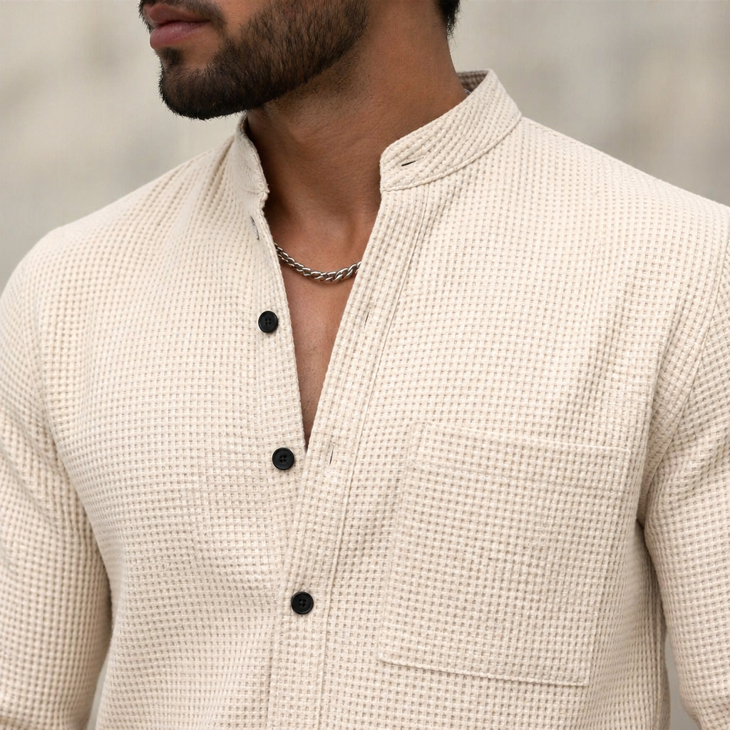 AnyWear™ – Relaxed Waffle-Knit Shirt & Pants Set with Mandarin Collar