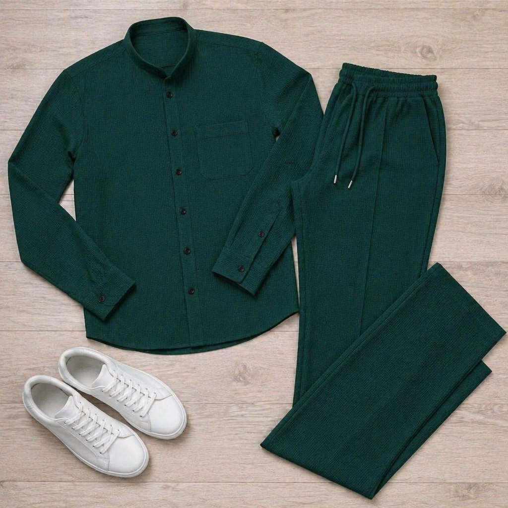 AnyWear™ – Relaxed Waffle-Knit Shirt & Pants Set with Mandarin Collar