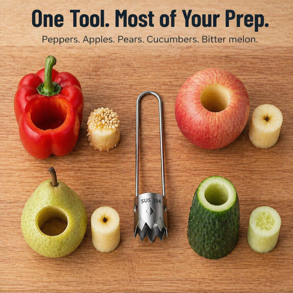 CoreEase™ — Hollow Out Peppers, Apples & Pears in One Clean Twist