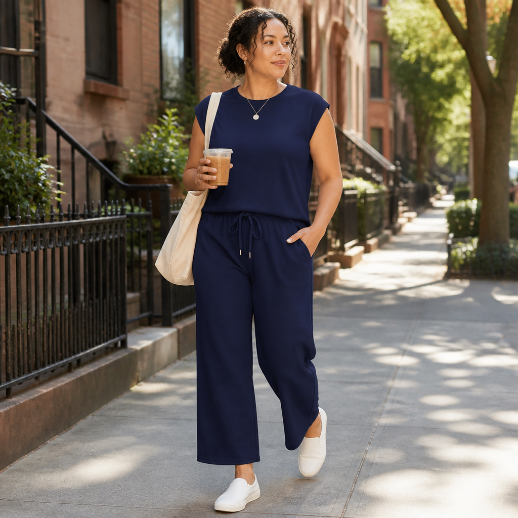 Aesthetic — matching set sold on effortless put-together vibe, not body transformation