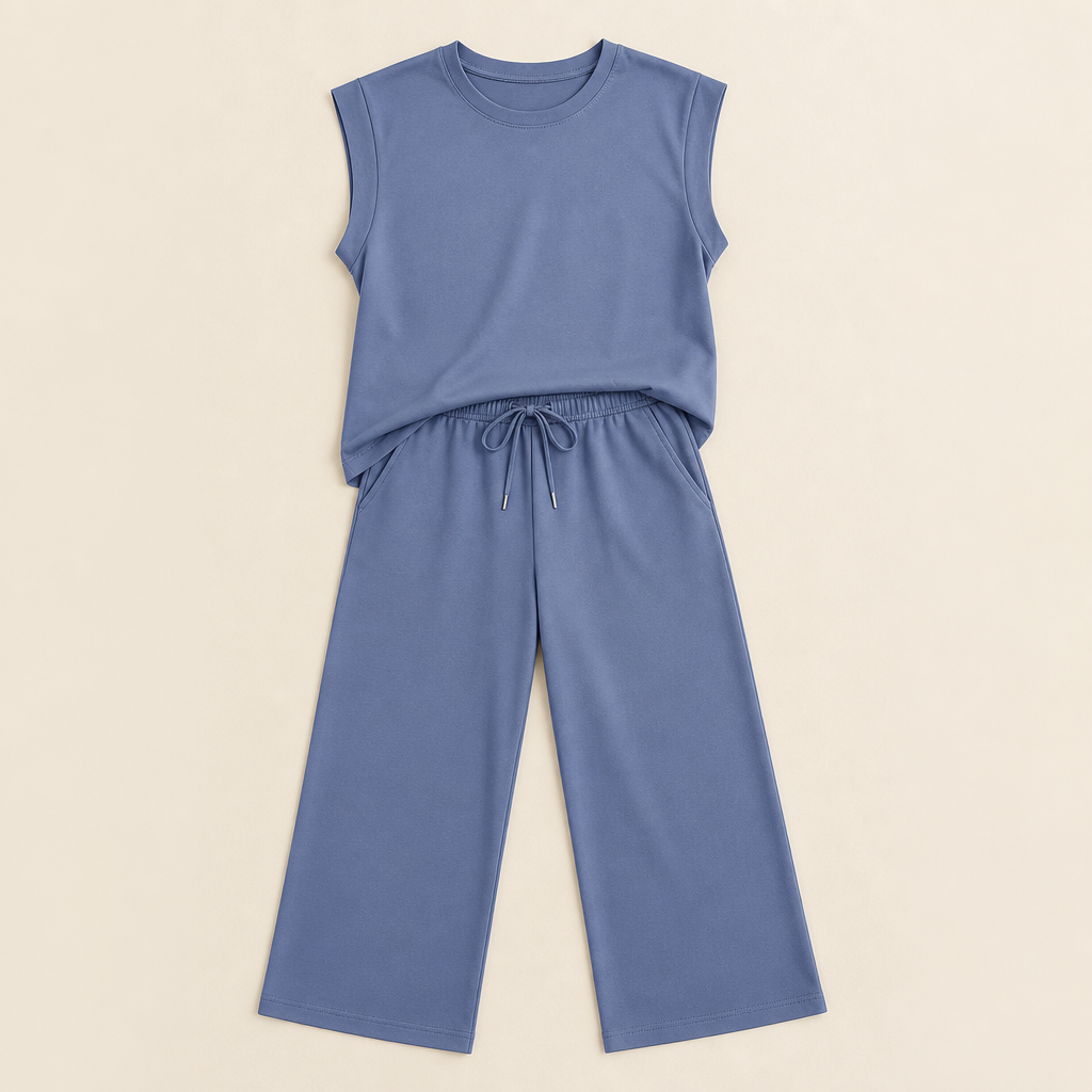 Aesthetic — matching set sold on effortless put-together vibe, not body transformation