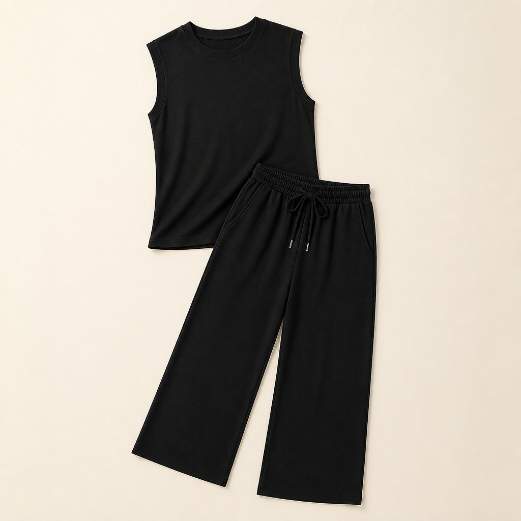 Aesthetic — matching set sold on effortless put-together vibe, not body transformation
