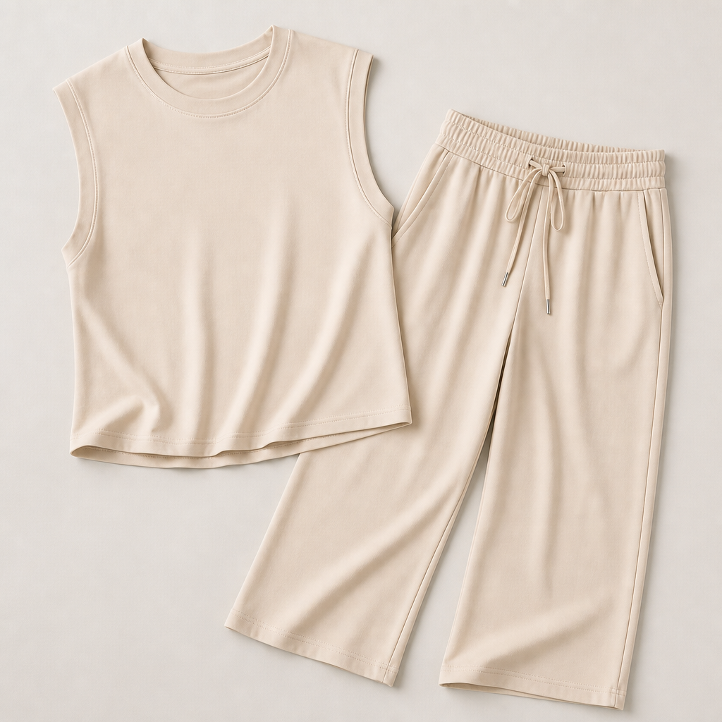 Aesthetic — matching set sold on effortless put-together vibe, not body transformation