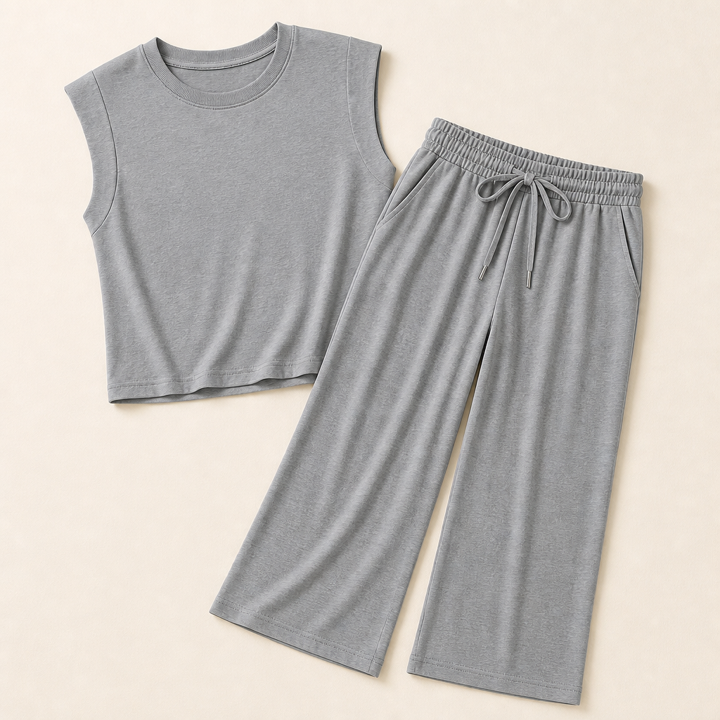 Aesthetic — matching set sold on effortless put-together vibe, not body transformation