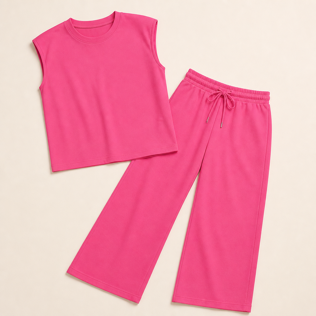 Aesthetic — matching set sold on effortless put-together vibe, not body transformation