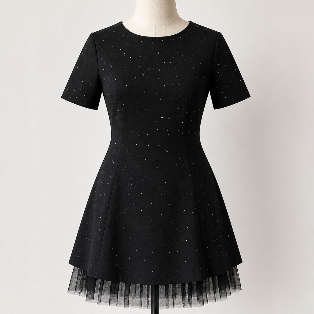 VeroLux™ – Rhinestone-Dotted Mini Dress with Layered Tulle Hem