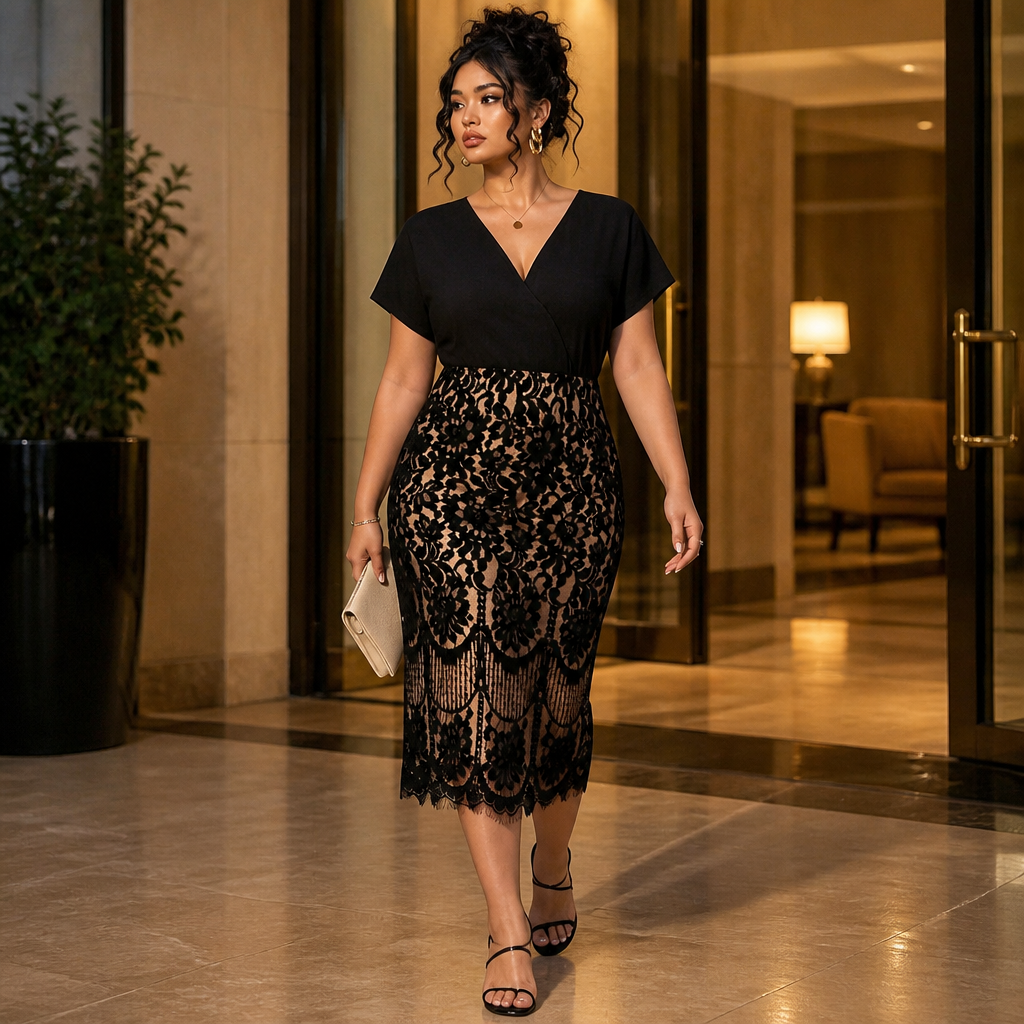 AriaLuxe™ – Curve-Defining Lace Midi Dress with V-Neck Wrap Bodice