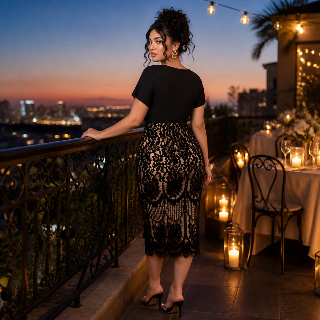 AriaLuxe™ – Curve-Defining Lace Midi Dress with V-Neck Wrap Bodice