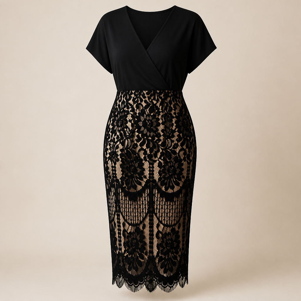 AriaLuxe™ – Curve-Defining Lace Midi Dress with V-Neck Wrap Bodice