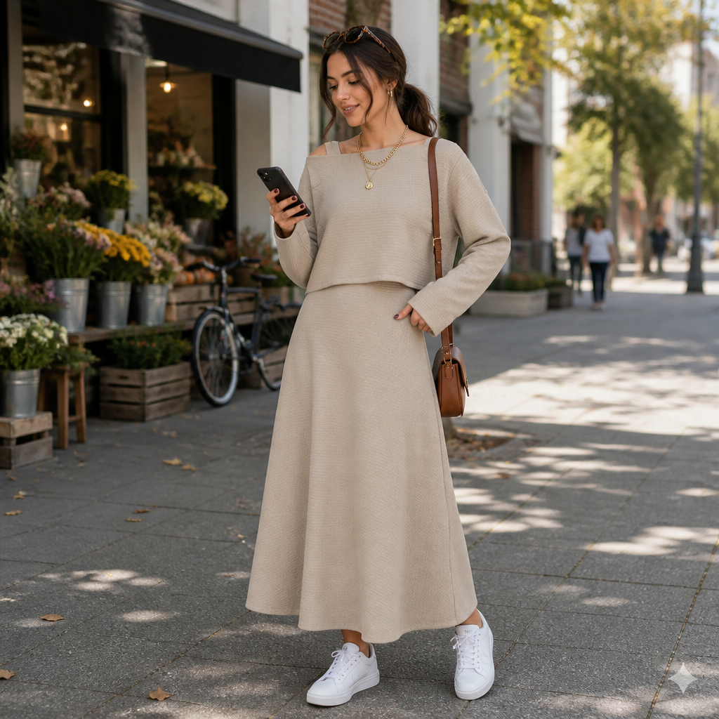 VeloraMist™ – Soft Knit Two-Piece Set with Layered Cropped Top