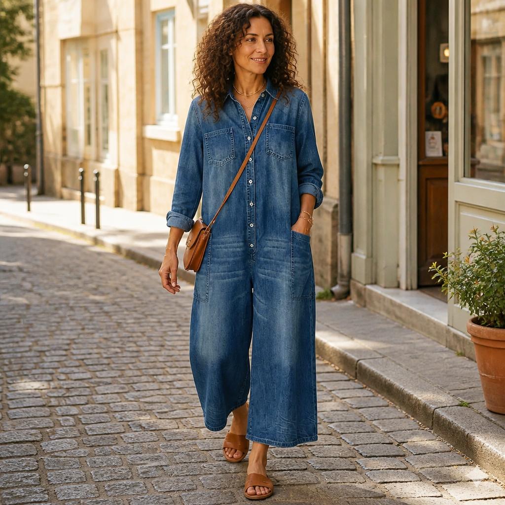 Flowease™ – Relaxed Wide-Leg Denim Jumpsuit with Button-Front Top