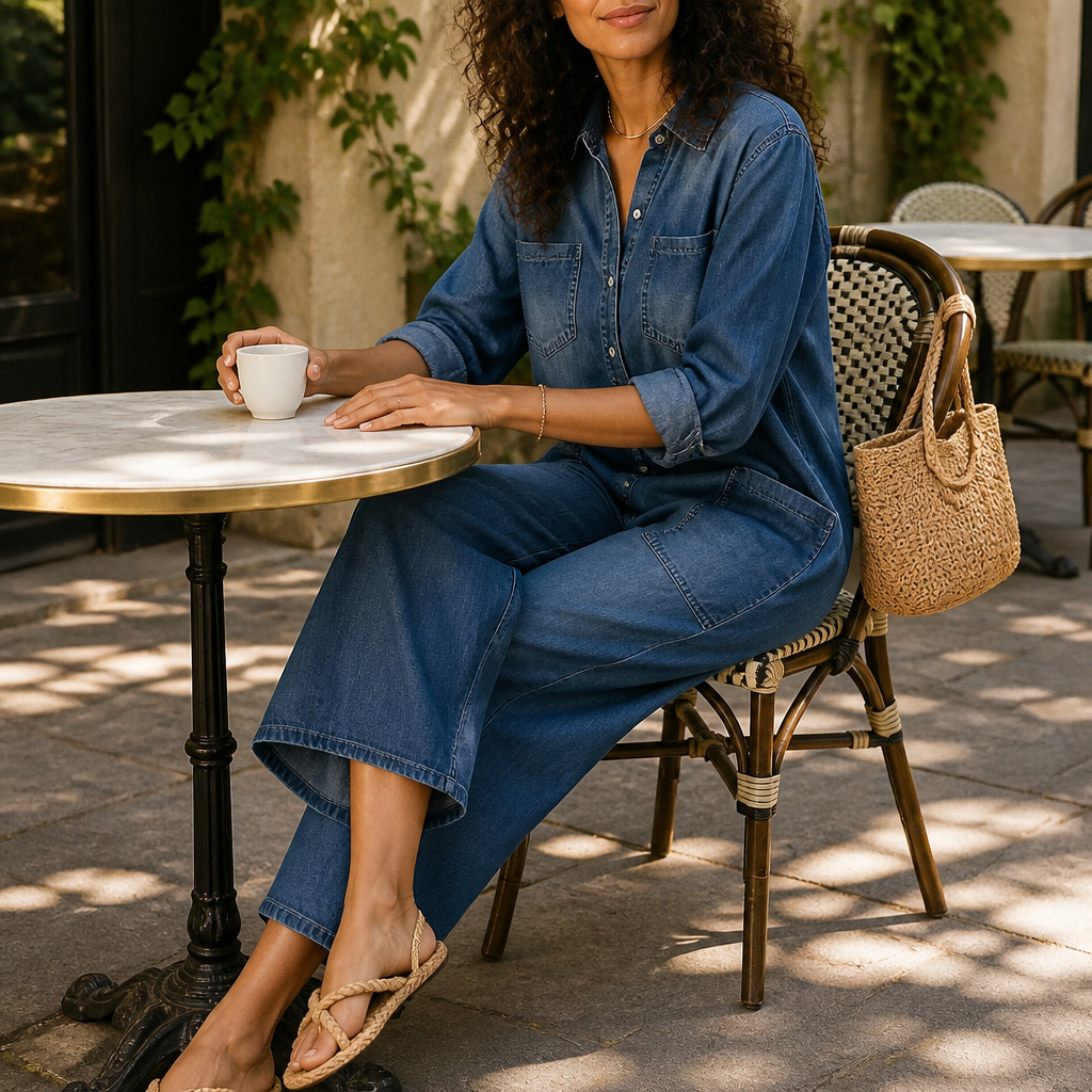 Flowease™ – Relaxed Wide-Leg Denim Jumpsuit with Button-Front Top
