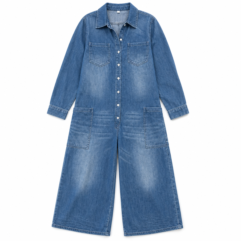 Flowease™ – Relaxed Wide-Leg Denim Jumpsuit with Button-Front Top