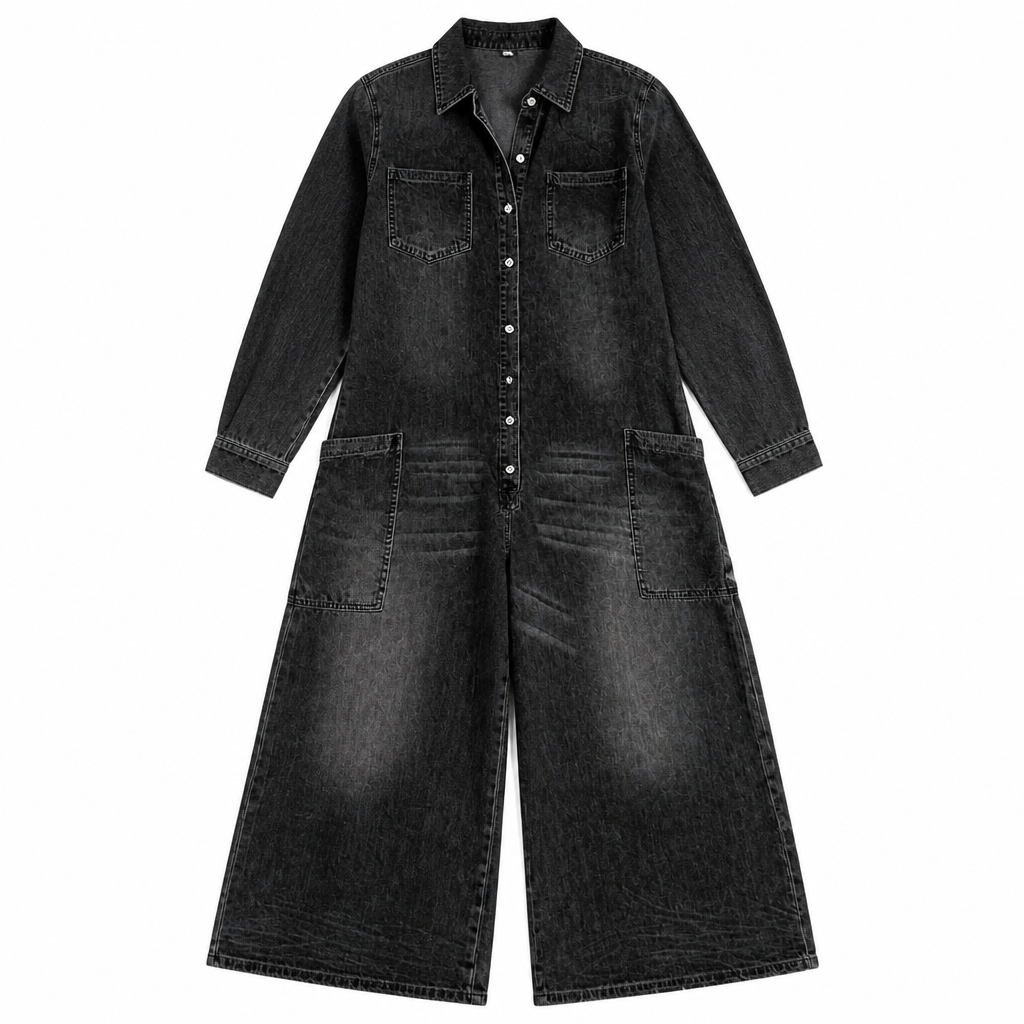 Flowease™ – Relaxed Wide-Leg Denim Jumpsuit with Button-Front Top