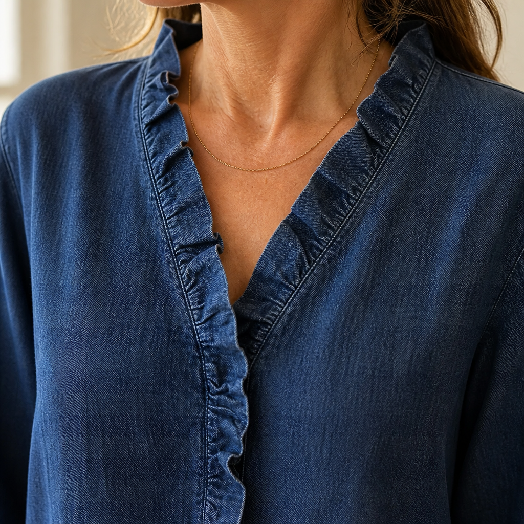 Brielle™ – Soft Chambray Ruffle V-Neck Shirt with High-Low Hem