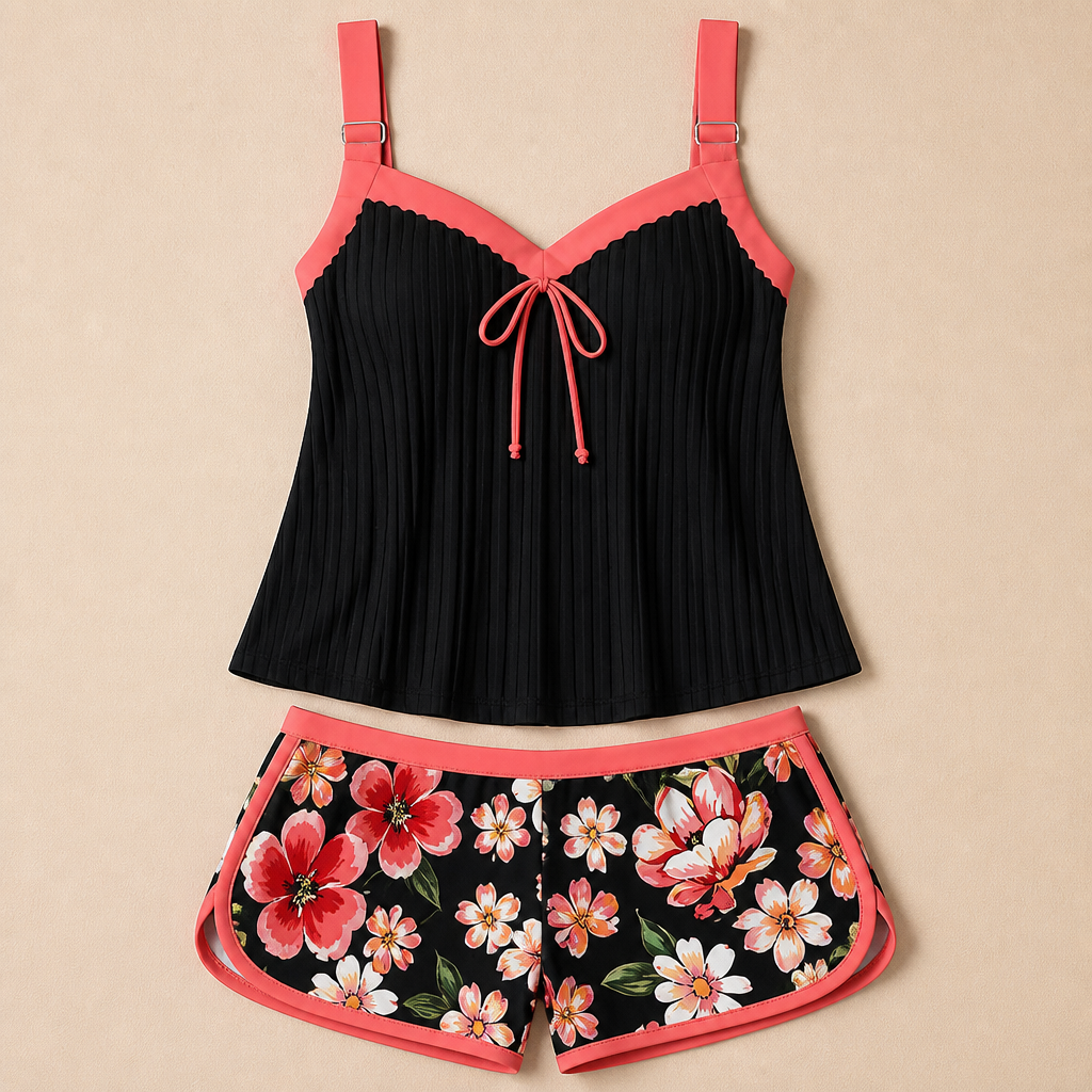 SoloraSway™ – Flowy Pleated Tankini Set with Coverage Shorts