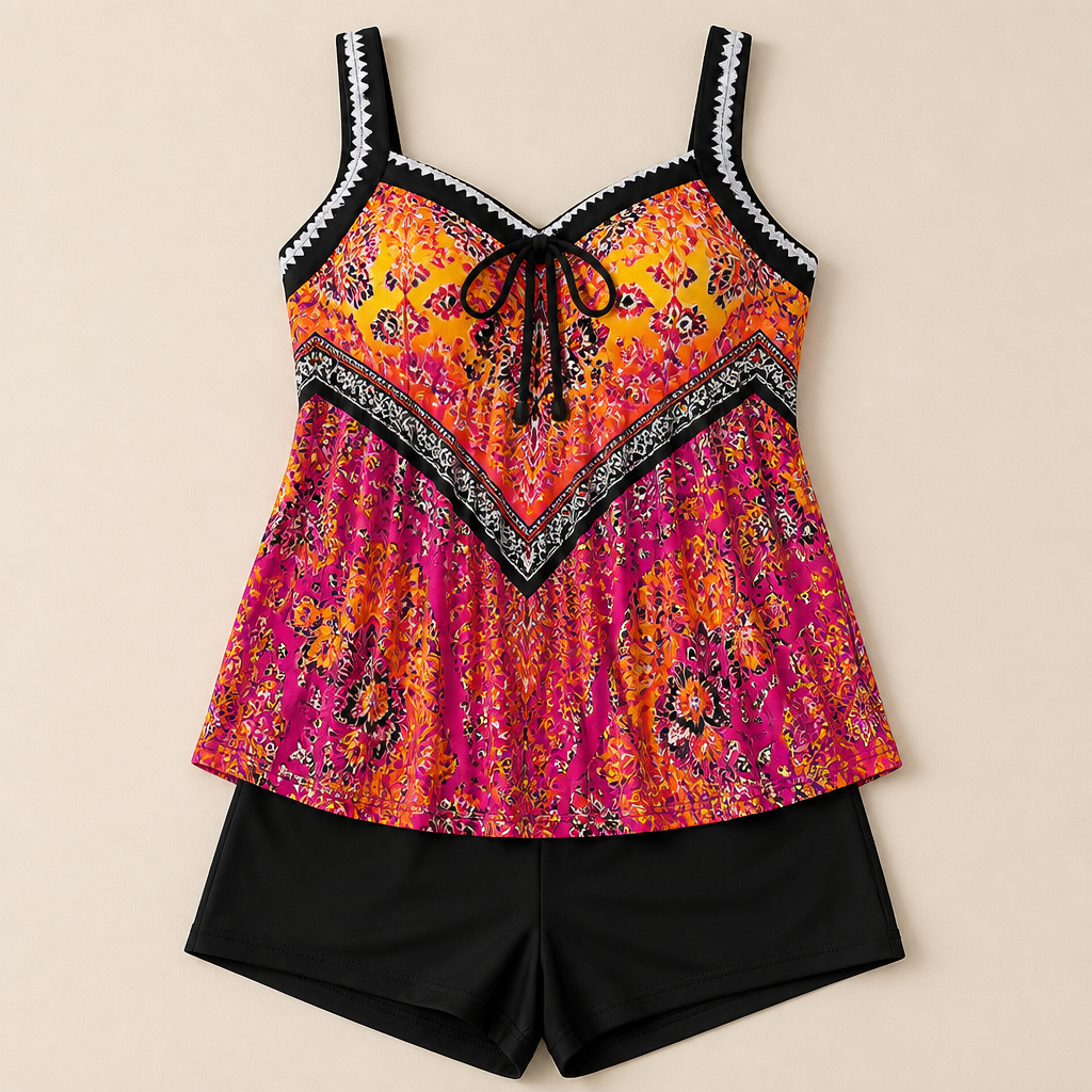 SoloraSway™ – Flowy Pleated Tankini Set with Coverage Shorts