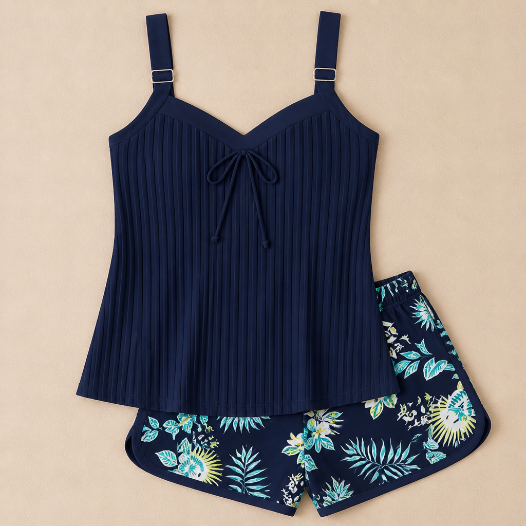 SoloraSway™ – Flowy Pleated Tankini Set with Coverage Shorts
