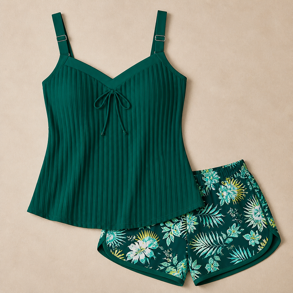 SoloraSway™ – Flowy Pleated Tankini Set with Coverage Shorts