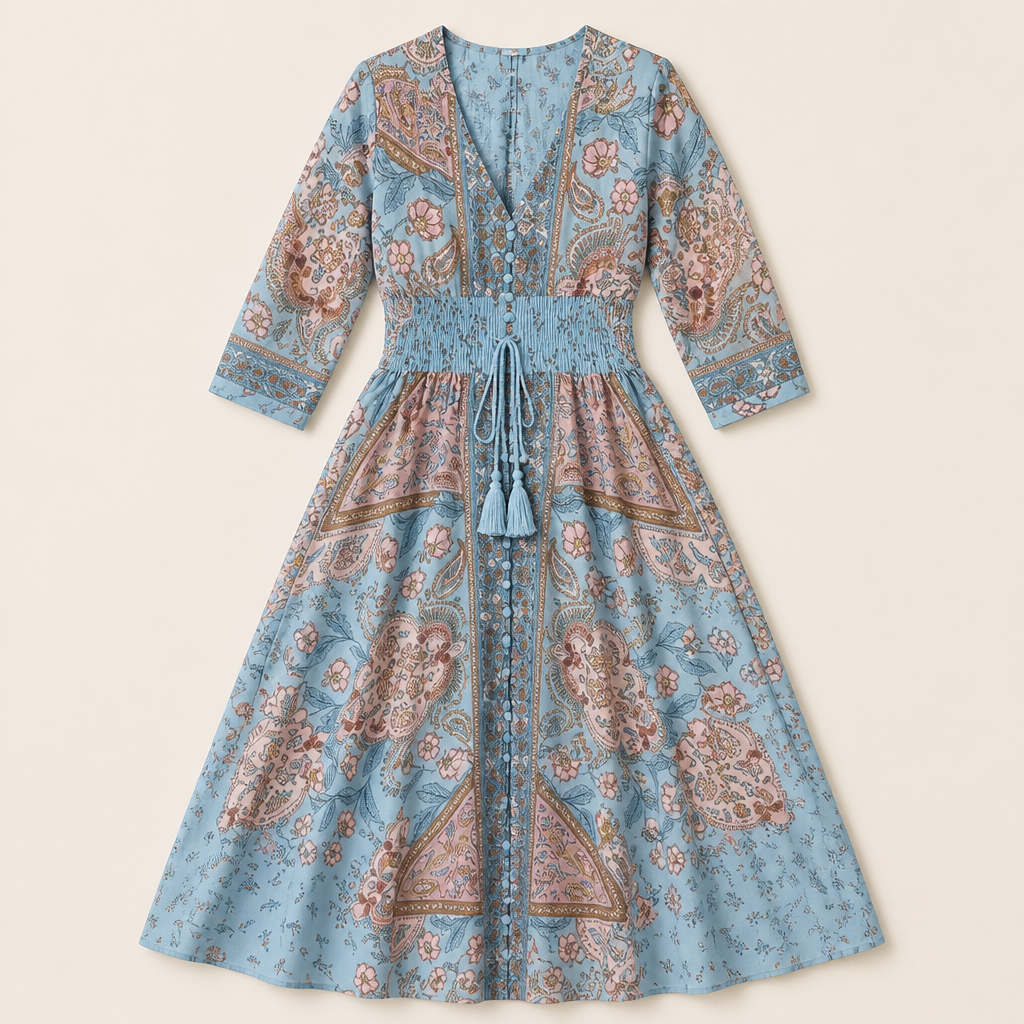 Mirella™ – Bohemian Paisley V-Neck Maxi Dress with Smocked Waist