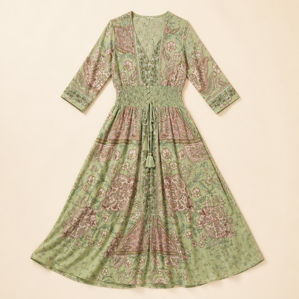Mirella™ – Bohemian Paisley V-Neck Maxi Dress with Smocked Waist