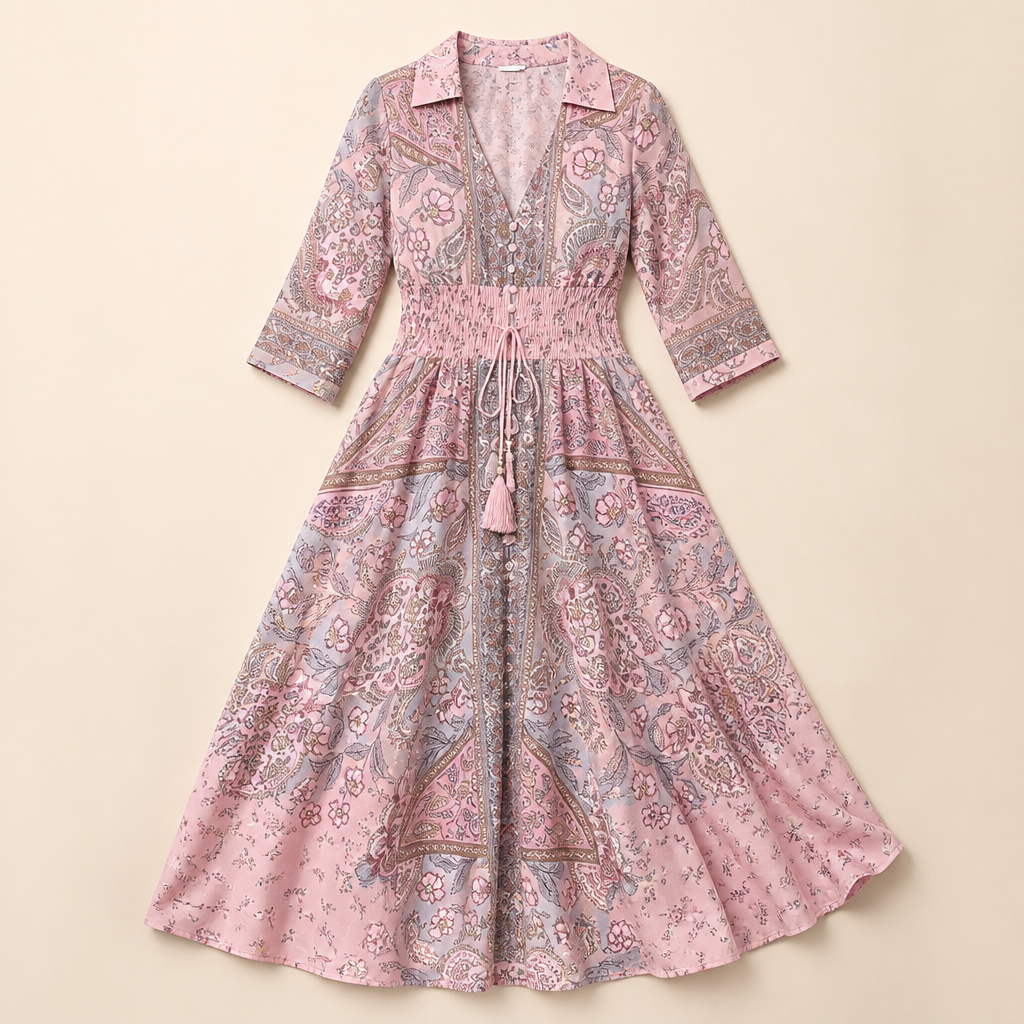 Mirella™ – Bohemian Paisley V-Neck Maxi Dress with Smocked Waist