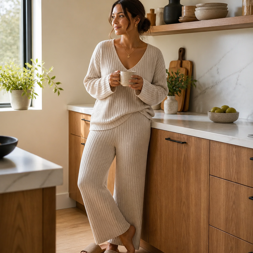 Serelis™ – Soft Ribbed V-Neck Lounge Set with Wide-Leg Pants