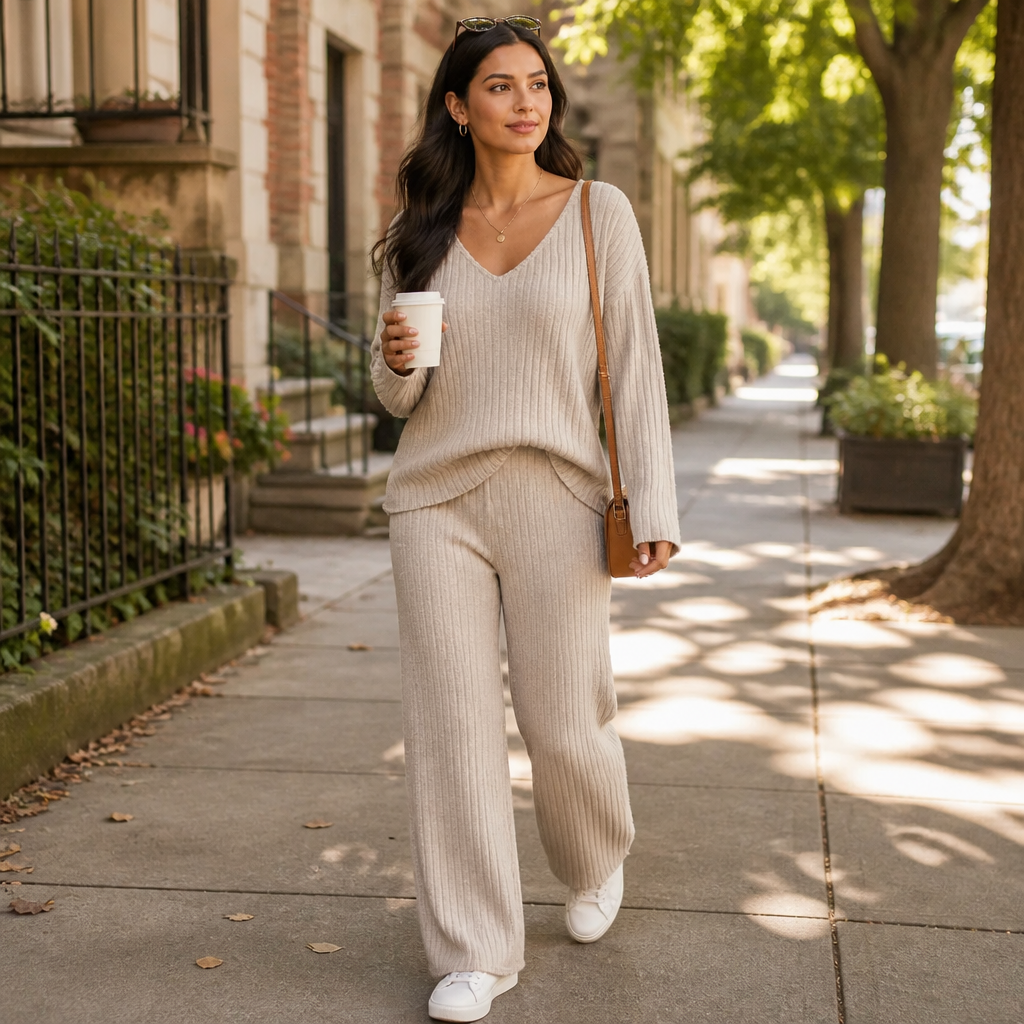 Serelis™ – Soft Ribbed V-Neck Lounge Set with Wide-Leg Pants