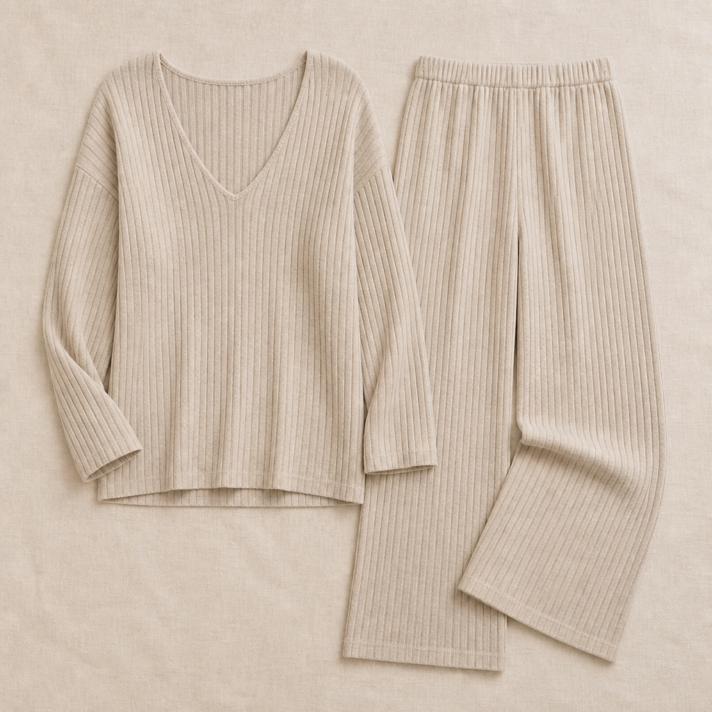 Serelis™ – Soft Ribbed V-Neck Lounge Set with Wide-Leg Pants