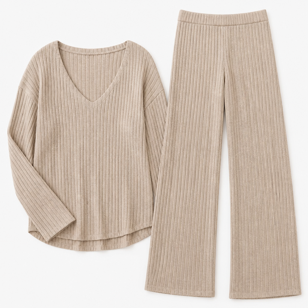 Serelis™ – Soft Ribbed V-Neck Lounge Set with Wide-Leg Pants