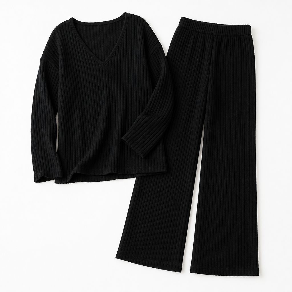 Serelis™ – Soft Ribbed V-Neck Lounge Set with Wide-Leg Pants