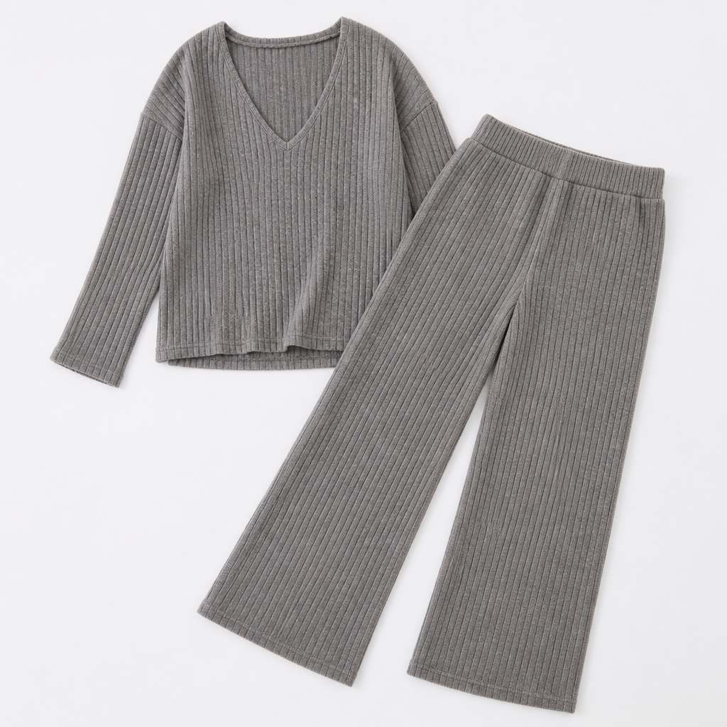 Serelis™ – Soft Ribbed V-Neck Lounge Set with Wide-Leg Pants