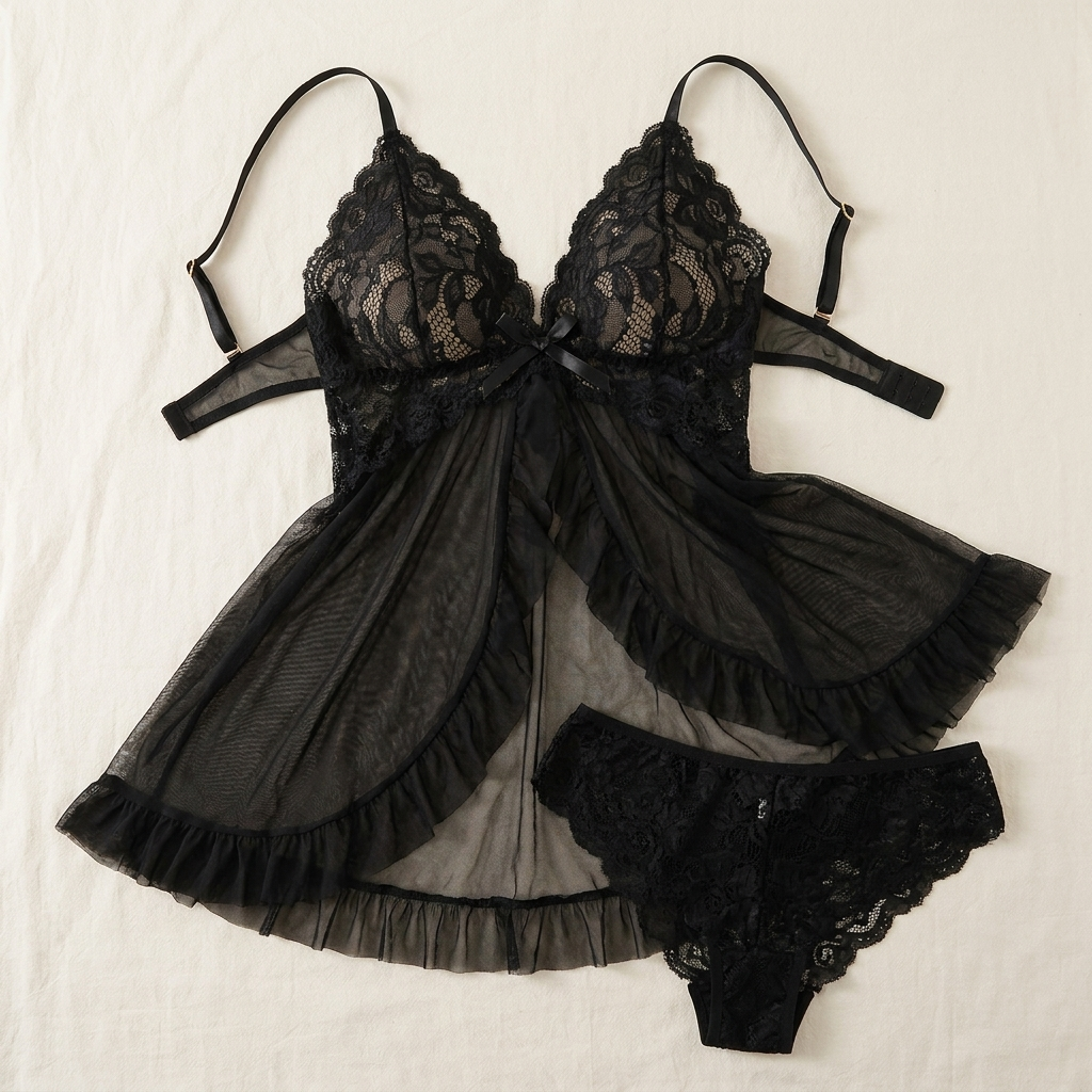 Soirée™ – Lace V-Neck Babydoll Set with Sheer Mesh Skirt