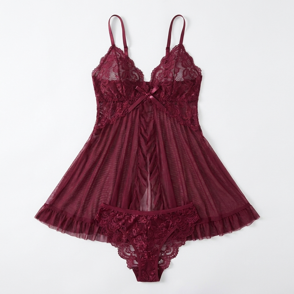 Soirée™ – Lace V-Neck Babydoll Set with Sheer Mesh Skirt