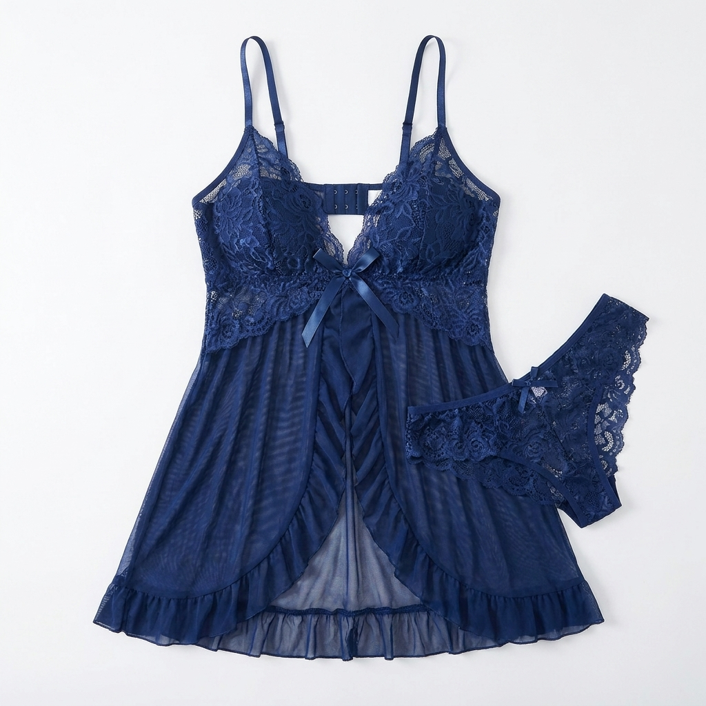 Soirée™ – Lace V-Neck Babydoll Set with Sheer Mesh Skirt