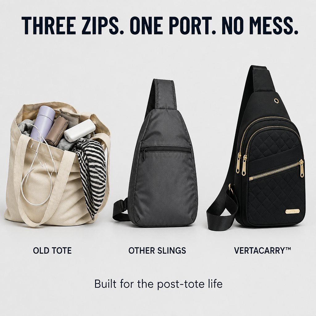 VertaCarry™ — Ditch the Tote and Carry Your Day in Three Zip Pockets