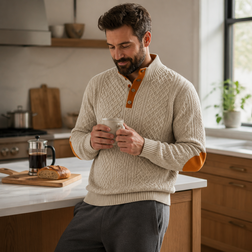 AtlasForge™ – Textured Jacquard Stand-Collar Sweater with Elbow Patches