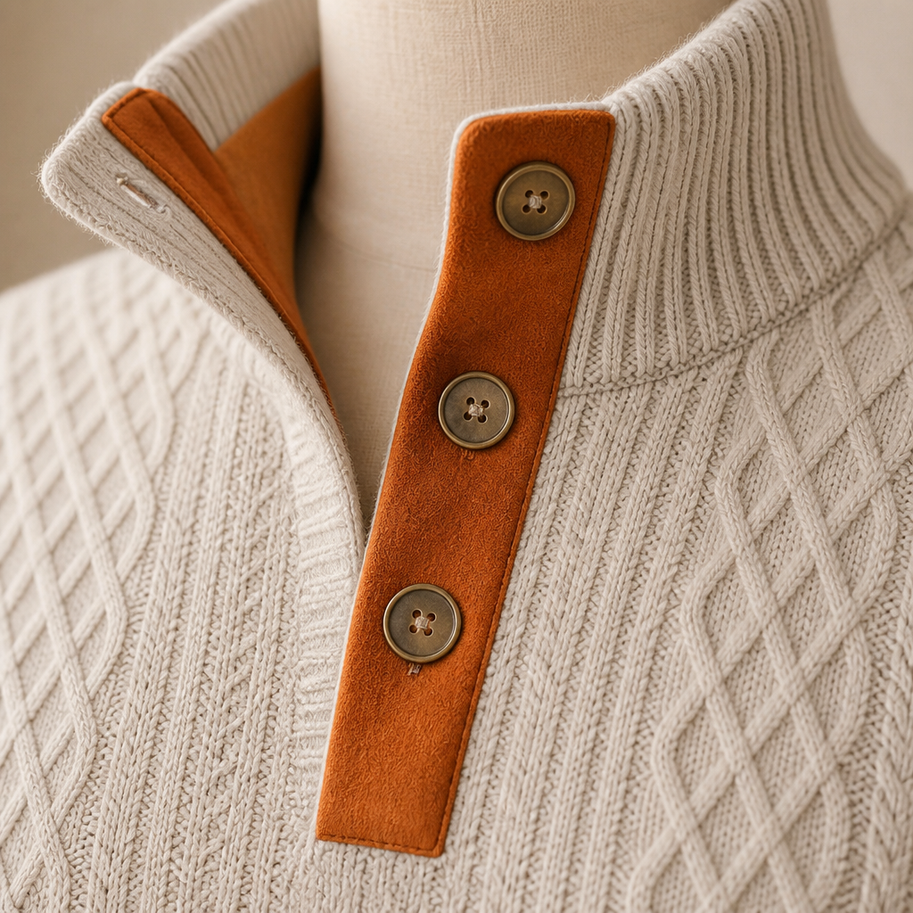 AtlasForge™ – Textured Jacquard Stand-Collar Sweater with Elbow Patches