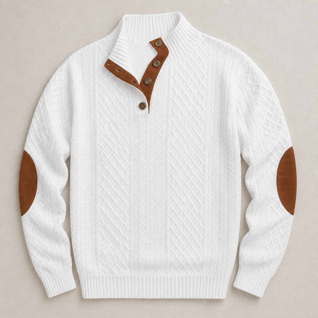 AtlasForge™ – Textured Jacquard Stand-Collar Sweater with Elbow Patches