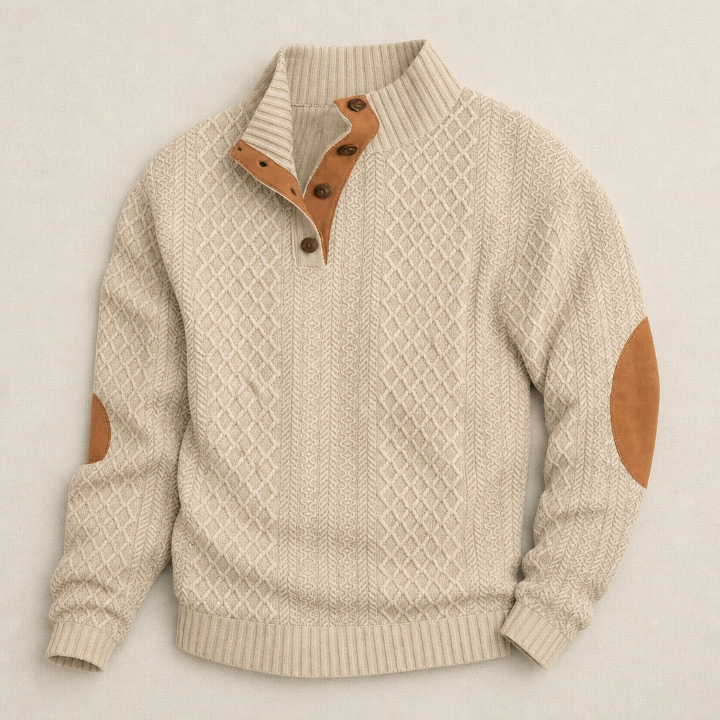 AtlasForge™ – Textured Jacquard Stand-Collar Sweater with Elbow Patches