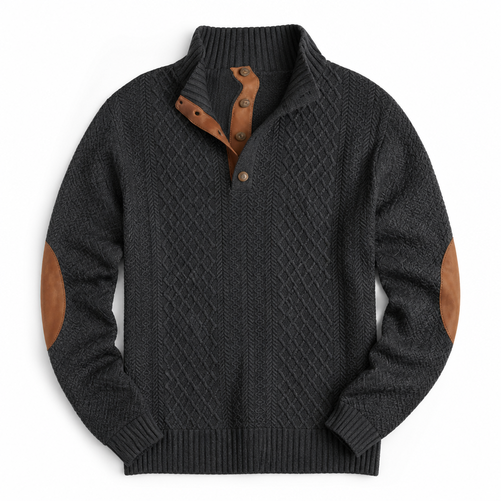 AtlasForge™ – Textured Jacquard Stand-Collar Sweater with Elbow Patches