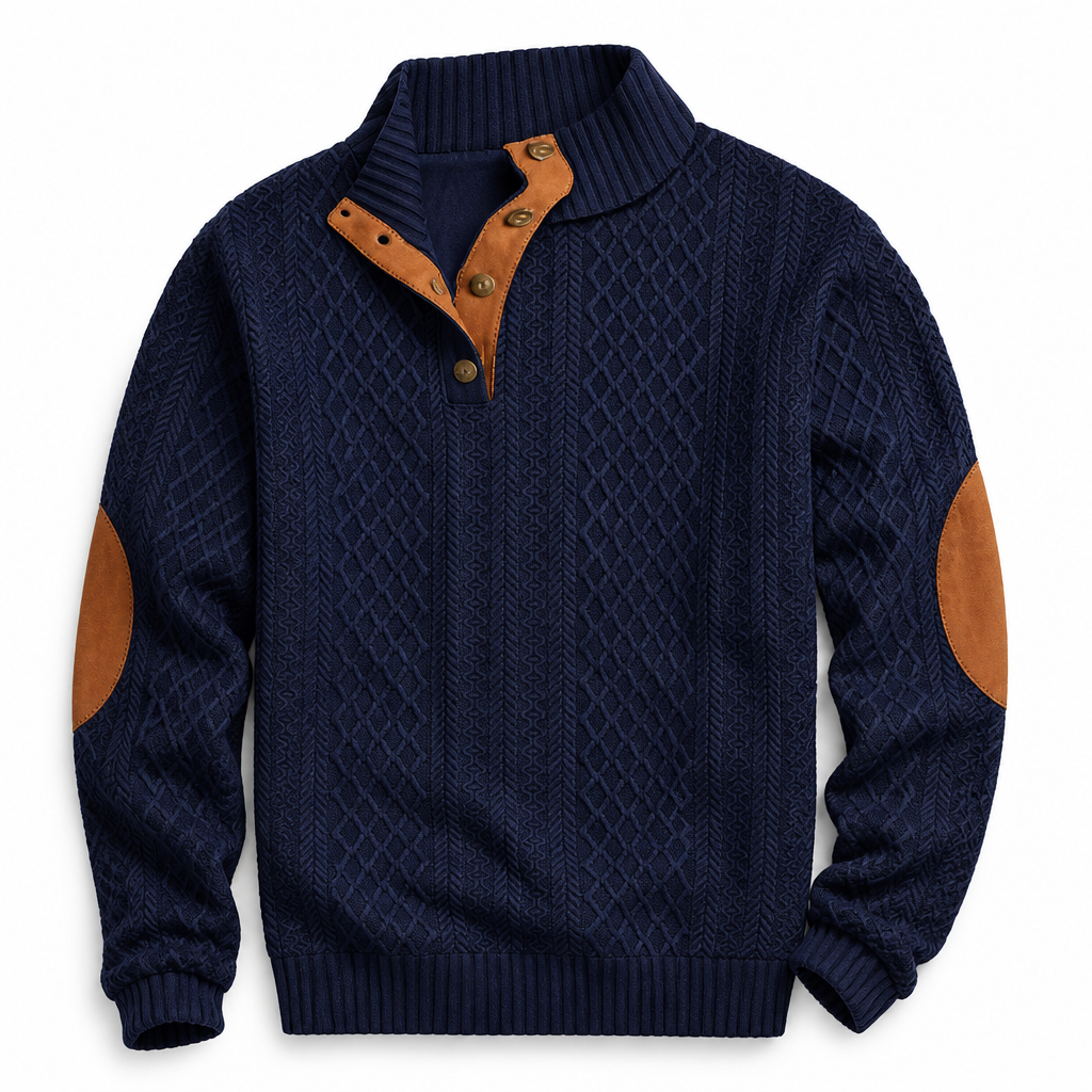 AtlasForge™ – Textured Jacquard Stand-Collar Sweater with Elbow Patches